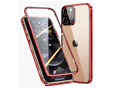 Magnetic Shield 360 Red (erven) - Magnetick kryt s obojstrannm tvrdenm sklom a ochranou kamery pre Apple iPhone 13 Pro Max