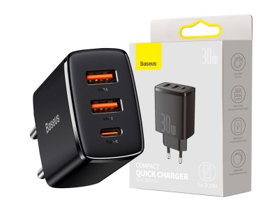 Baseus Compact Quick Charger (30W)  Nabjaka 2x USB 1x USB-C s podporou rchleho nabjania QC/PD (ierna)