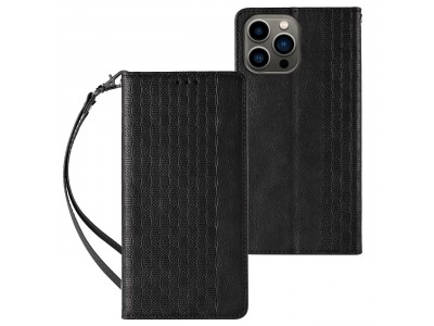 Magnet Strap Wallet Case (ierna) - Magnetick peaenkov puzdro na iPhone 14 Pro Max