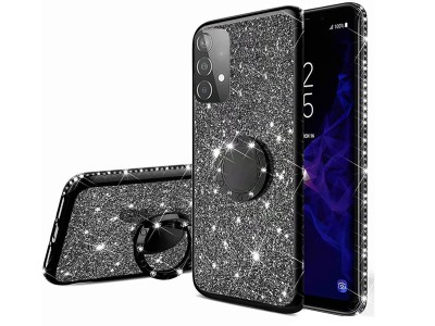 Diamond Glitter Ring (černý) - Ochranný kryt (obal) s držákom na Samsung Galaxy A72 4G / 5G
